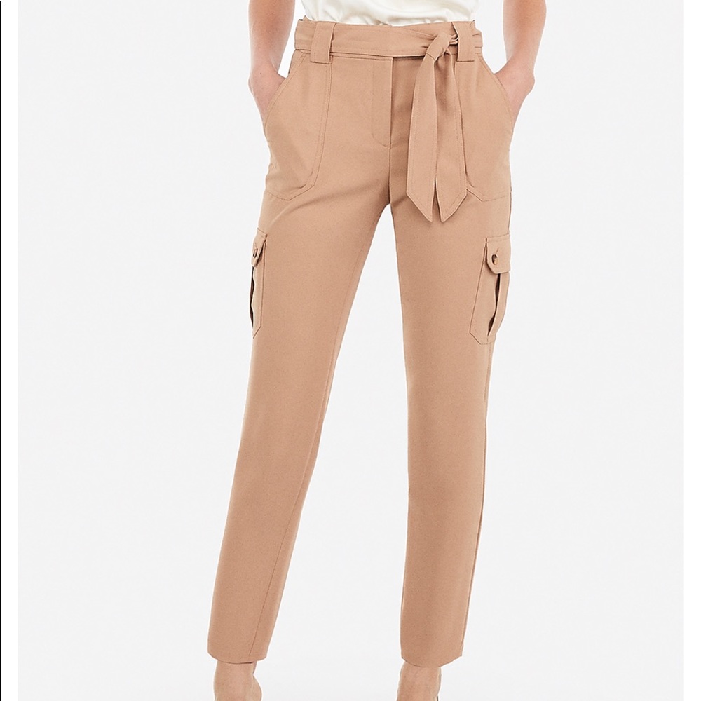 High Waisted Sash Tie Utility Cargo Ankle Pant